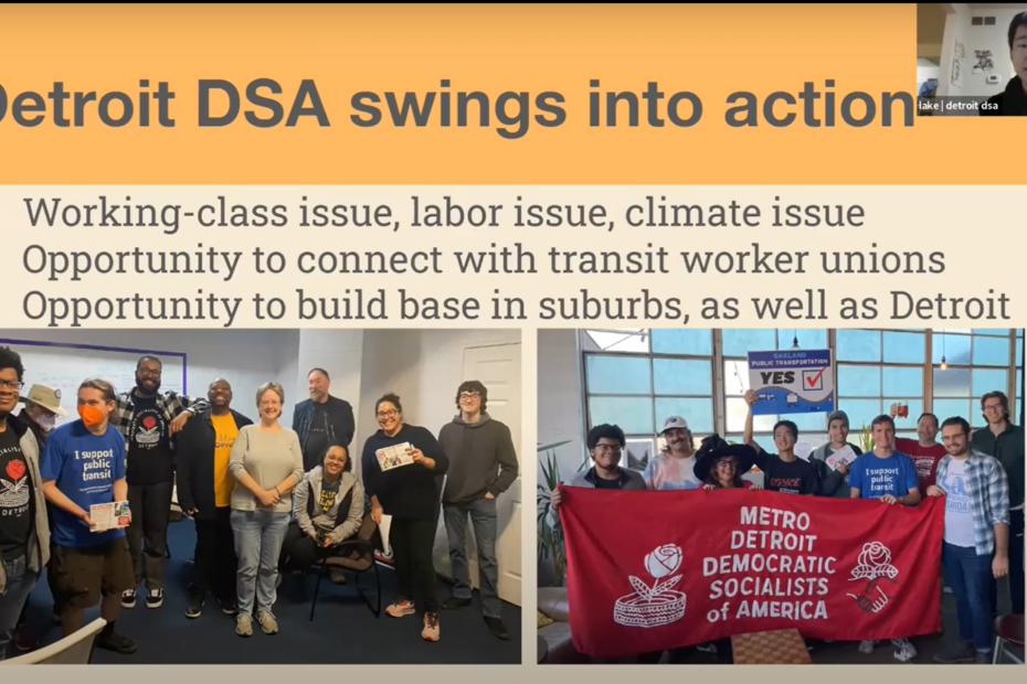 Zoom webinar screenshot of a Detroit comrade Lake talking over a slide that says "Detroit DSA swings into Action"